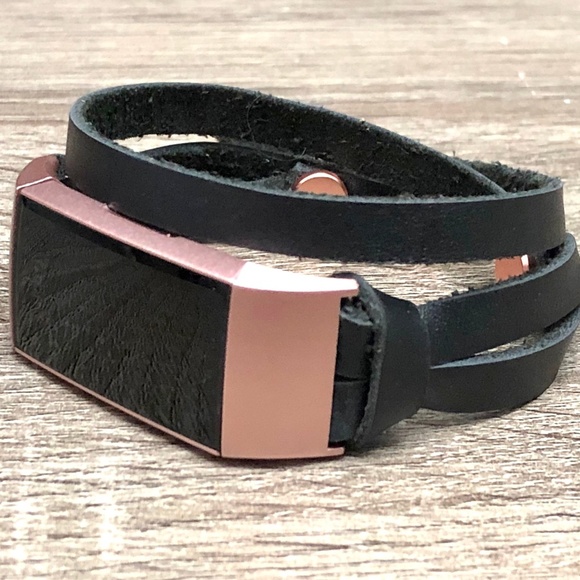 Black Double Wrap Rose Gold Charge 4 Leather Strap - Picture 3 of 8